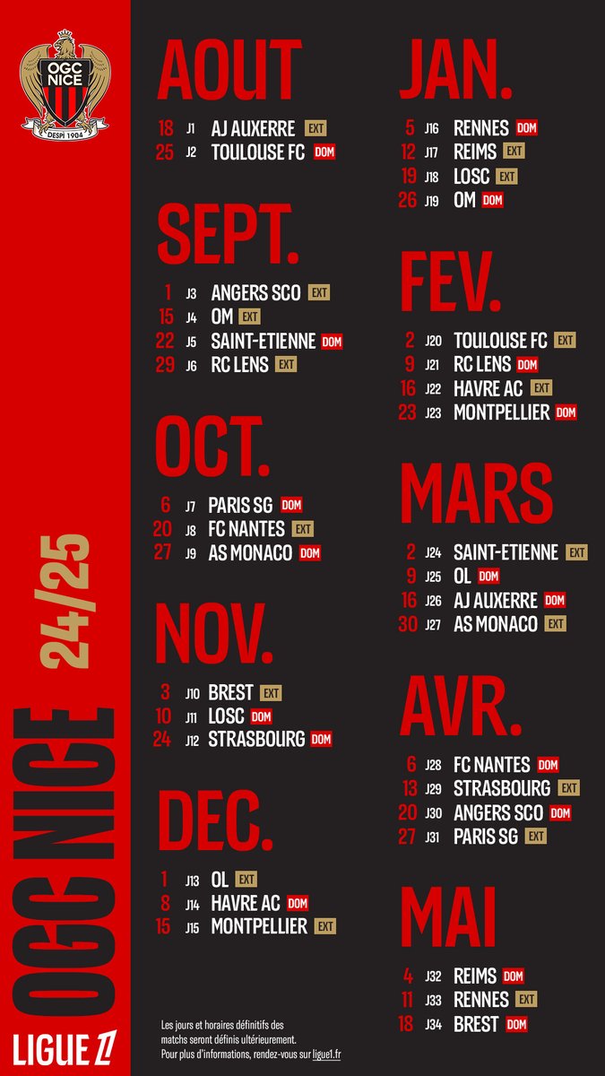 OGC Nice, calendrier des matchs 2024