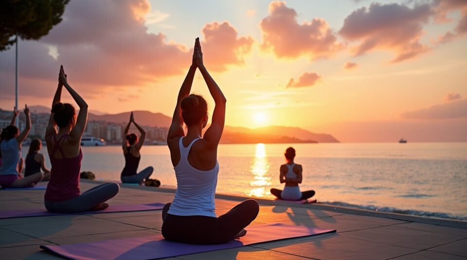 Groupe faisant du yoga sur la promenade des Anglais, Nice, coucher de soleil