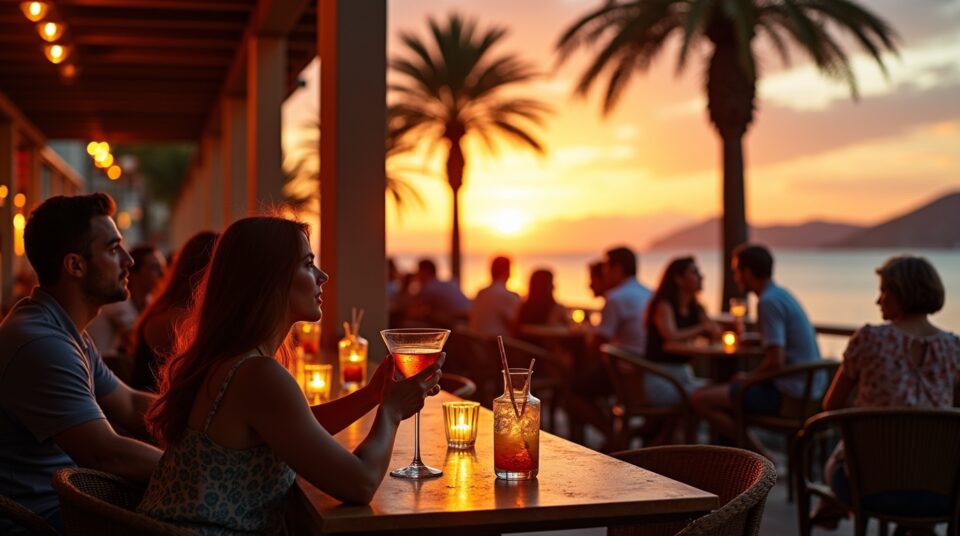 Bar en bord de mer à Nice lors du coucher de soleil, personnes prenant un apéritif