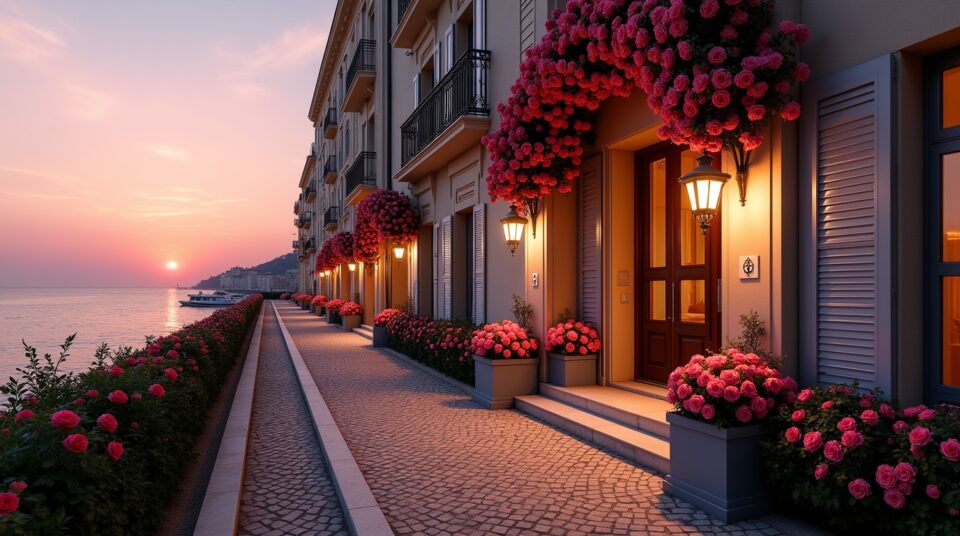 Hôtel romantique à Nice au coucher du soleil, mer Méditerranée en arrière-plan