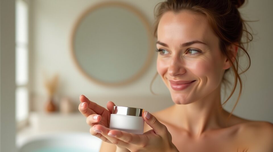Femme radieuse sans cernes présentant la crème anti-cernes dans un cadre luxueux