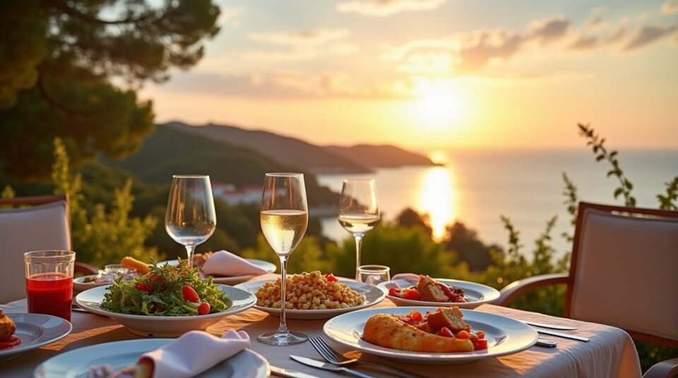 Table avec plats typiques de la cuisine niçoise en terrasse méditerranéenne au coucher du soleil.