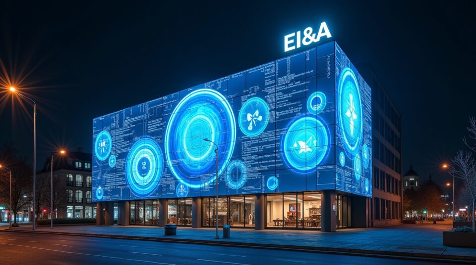 Facade avec écrans géants montrant graphiques et rouages, logo EI&A en haut