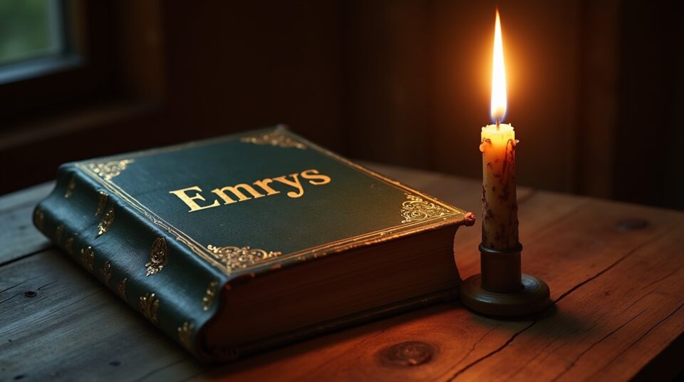 Livre ancien avec 'Emrys' gravé dessus et bougie à côté