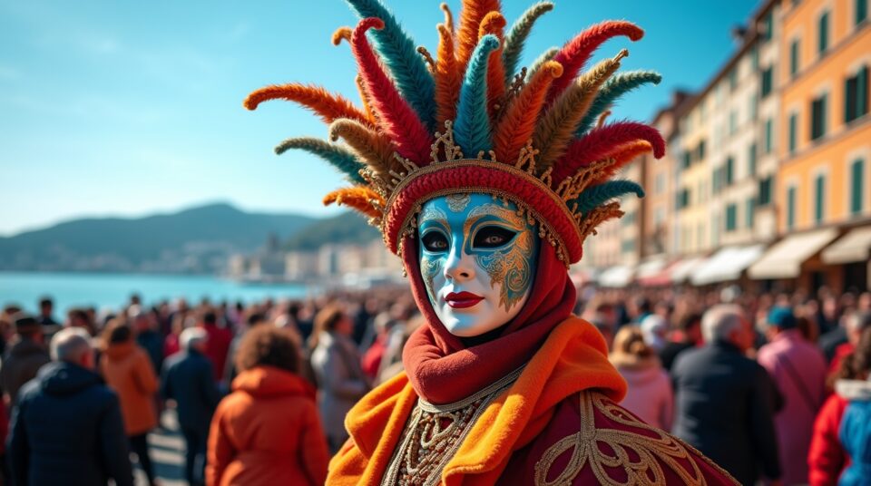Carnaval de Nice coloré et animé, chars impressionnants et masque traditionnel en premier plan.