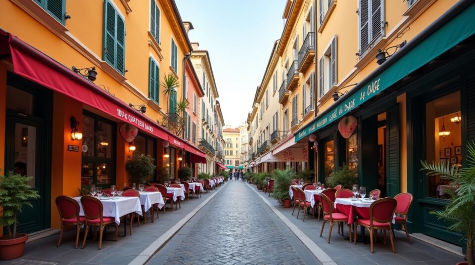 Ruelle niçoise avec façades de 10 restaurants célèbres et panneau indiquant leur incontournabilité.