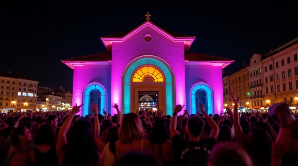 Foule devant une boîte de nuit illuminée à Nice