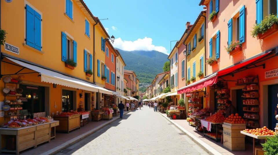 Ruelle provençale avec marché coloré, spécialités locales, façades typiques et paysage méditerranéen de Nice