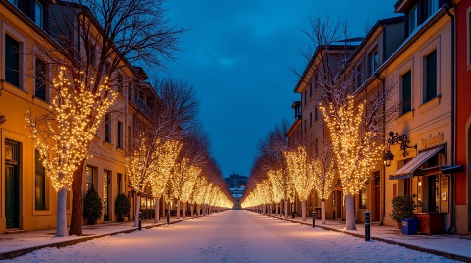 Rue décorée pour Noël à Nice en Décembre, ciel bleu et arbres hivernaux.