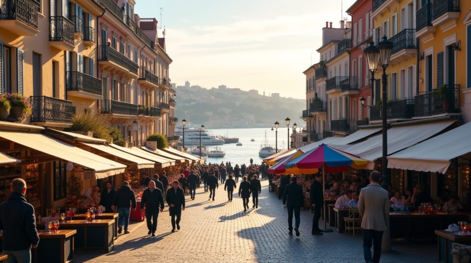 Vue hivernale de Nice avec bâtiments historiques, rues givrées et mer Méditerranée scintillante