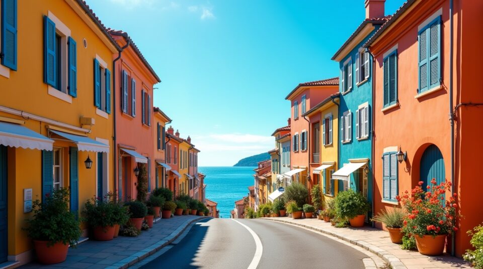 Ruelle pittoresque de Nice avec maisons colorées, mer en fond et fleurs d'oranger au premier plan en mars
