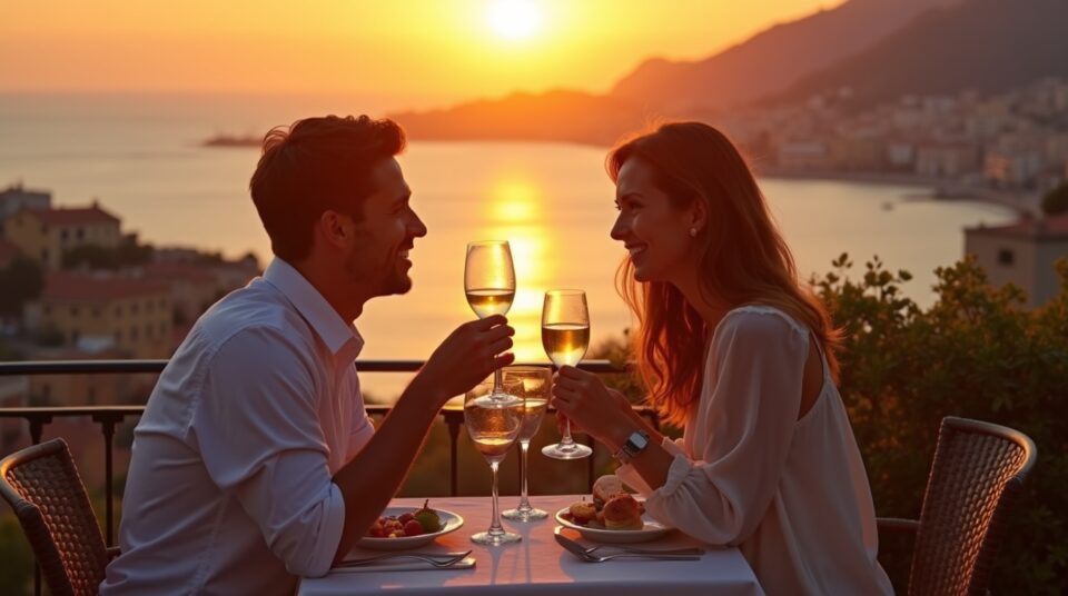 Couple dînant sur une terrasse à Nice, vue sur la Baie des Anges