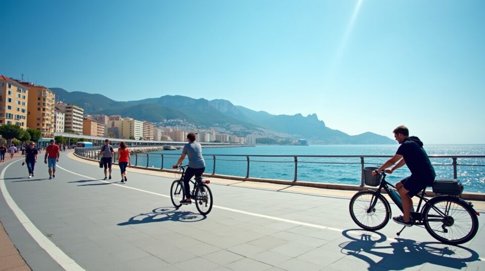 Vue de Nice sans voiture, personnes se déplaçant avec modes de transport écologiques