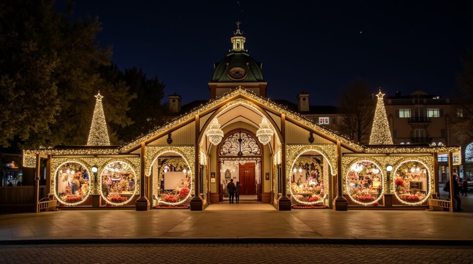 Façade de marché de Noël à Nice, ambiance féerique, guirlandes lumineuses