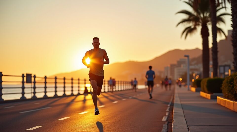 Coureur devant la Promenade des Anglais à Nice au lever du soleil avec des statistiques de course et une trace de parcours en surimpression