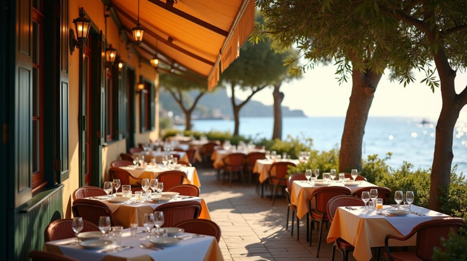 Façade de restaurant à Nice, assiette de socca, oliviers et Méditerranée