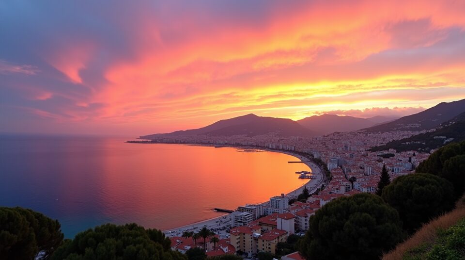 Coucher de soleil sur Nice avec la vieille ville en silhouette