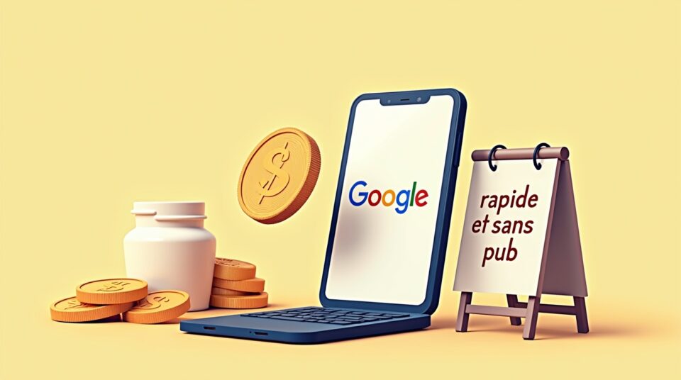 Pièce de monnaie volante entre Google et signe sans pub