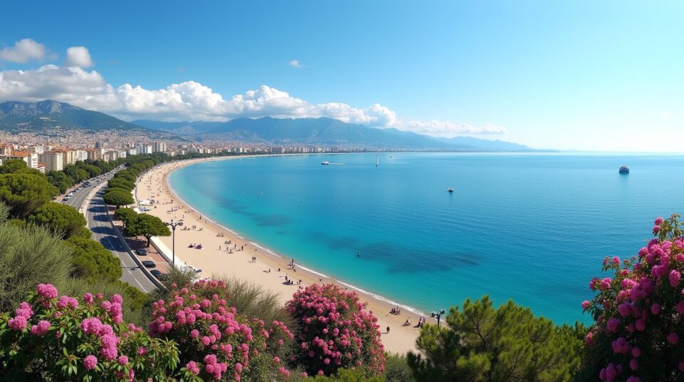 Panorama de Nice avec la Promenade des Anglais au printemps, ciel azur, mer et montagnes