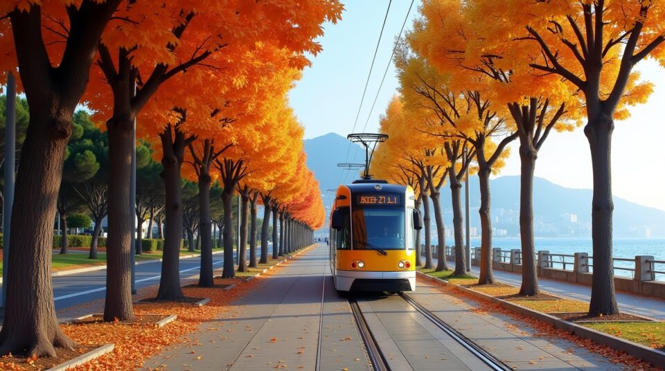 Promenade des Anglais à Nice en automne, tramway et Mer Méditerranée.
