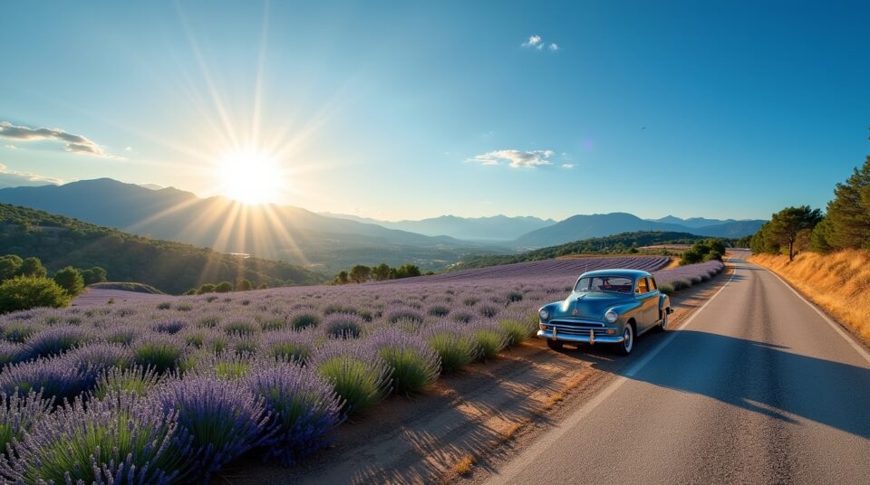 Paysage de Provence avec champs de lavande, voiture vintage et montagnes, titre d'itinéraire de 5 jours depuis Nice.