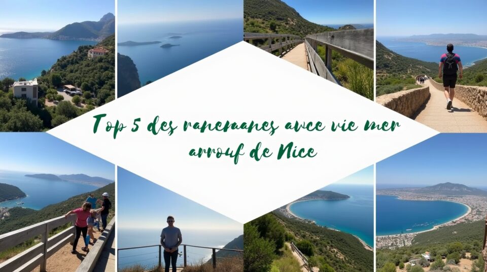 Compilation de cinq photos de randonnées avec vue mer à Nice.