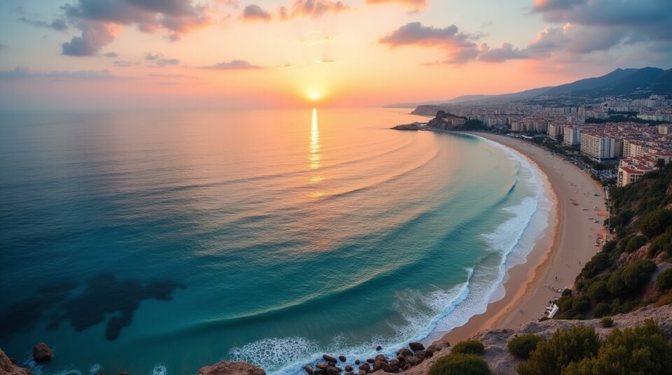 Vue aérienne de sept plages paradisiaques autour de Nice au coucher du soleil