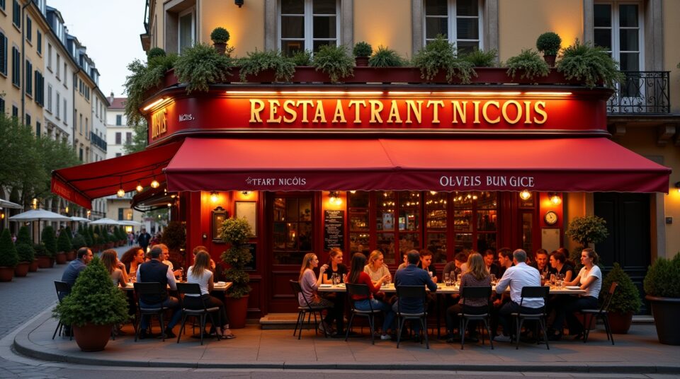 Restaurant niçois animé, ouvert le dimanche, avec ardoise annonçant l'ouverture.