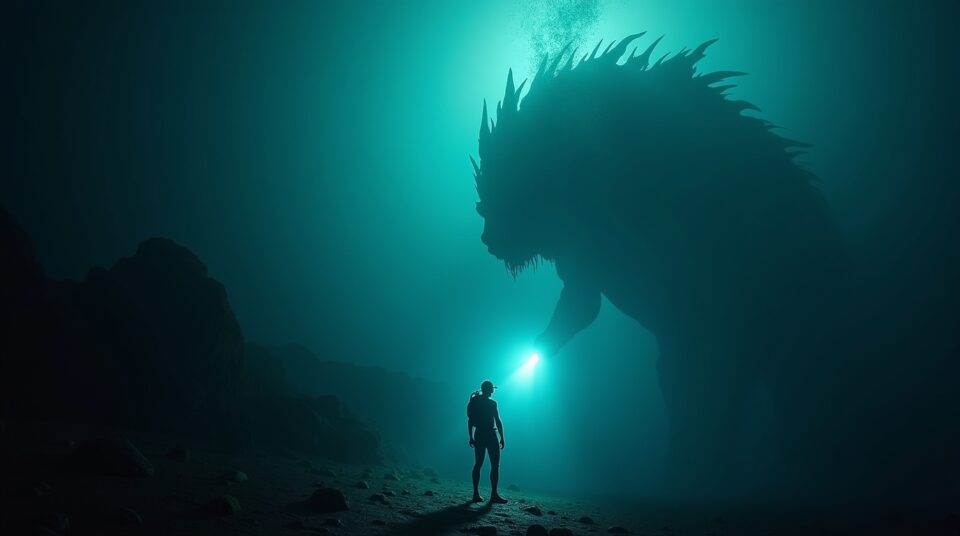 Plongeur explorant les profondeurs marines nocturnes, lumière de torche révélant une créature gigantesque en arrière-plan.