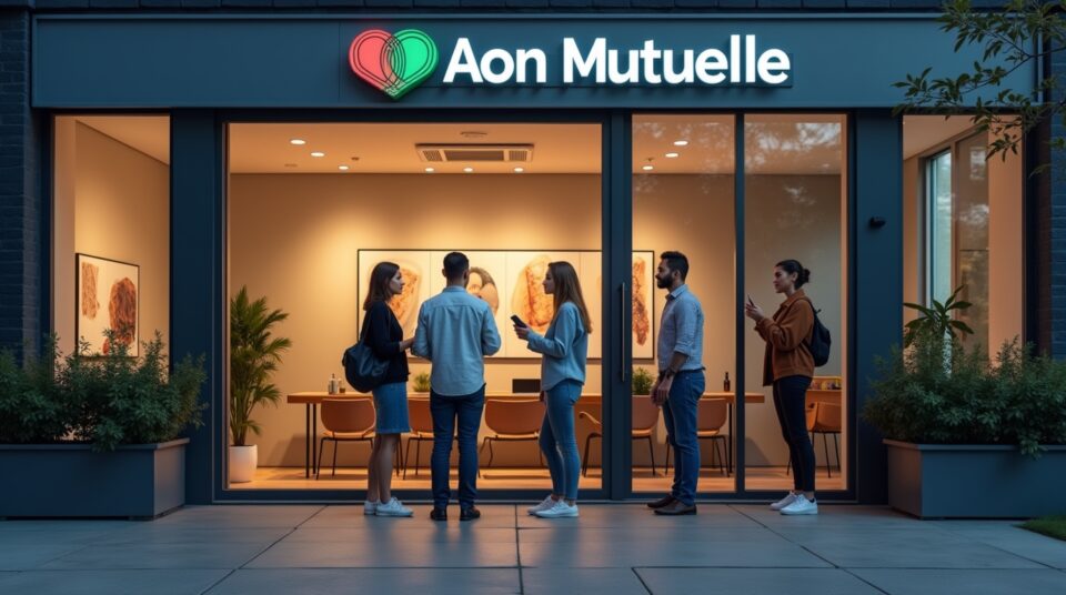 Façade de bureau Aon Mutuelle avec des personnes diverses en discussion