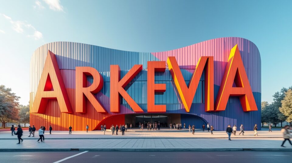 Structure 'Arkevia' en graphisme sur une façade colorée.