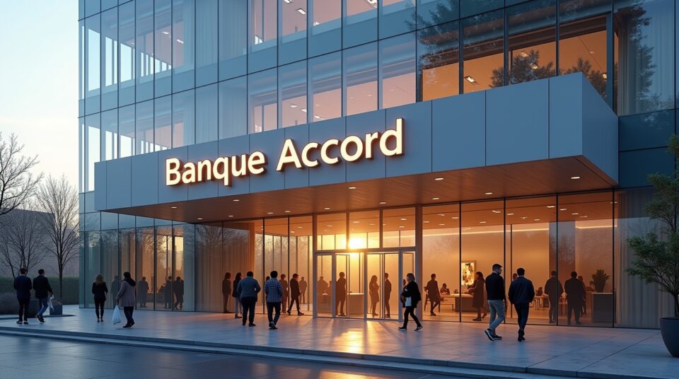 Bâtiment moderne de Banque Accord, reflet du soleil, personnes entrant et sortant, illustrant l'accessibilité et la dynamique.