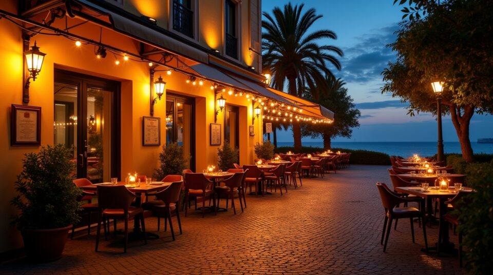 Façade de restaurant à Nice éclairée par des bougies, ambiance romantique