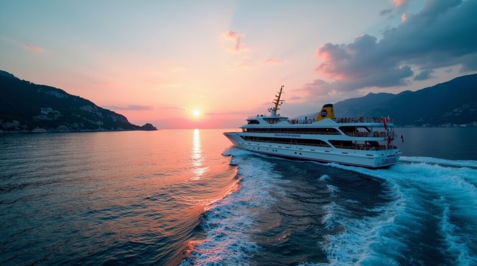 Navire Corsica Ferries naviguant sur la mer Méditerranée avec la Corse en arrière-plan