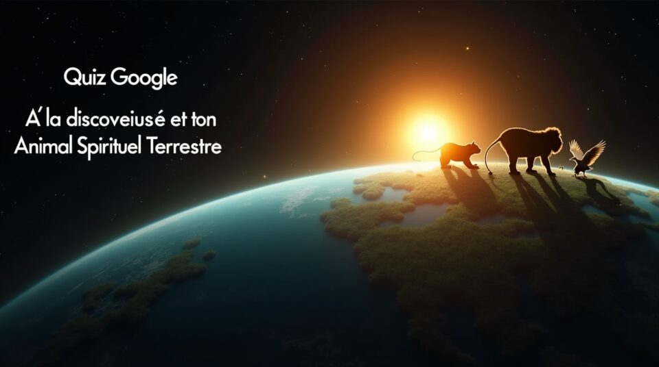 Planète Terre colorée avec plusieurs silhouettes d'animaux et texte du quiz Google