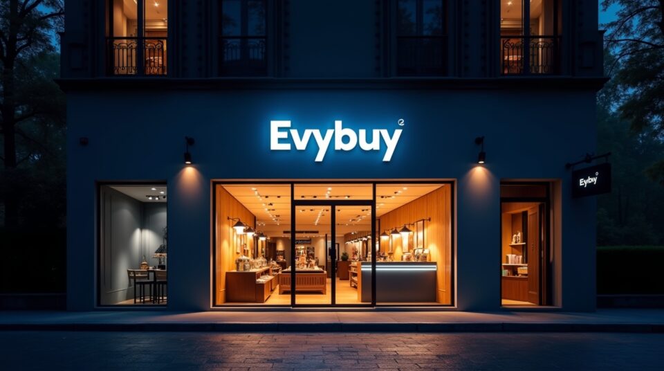 Façade de magasin Evybuy illuminée la nuit