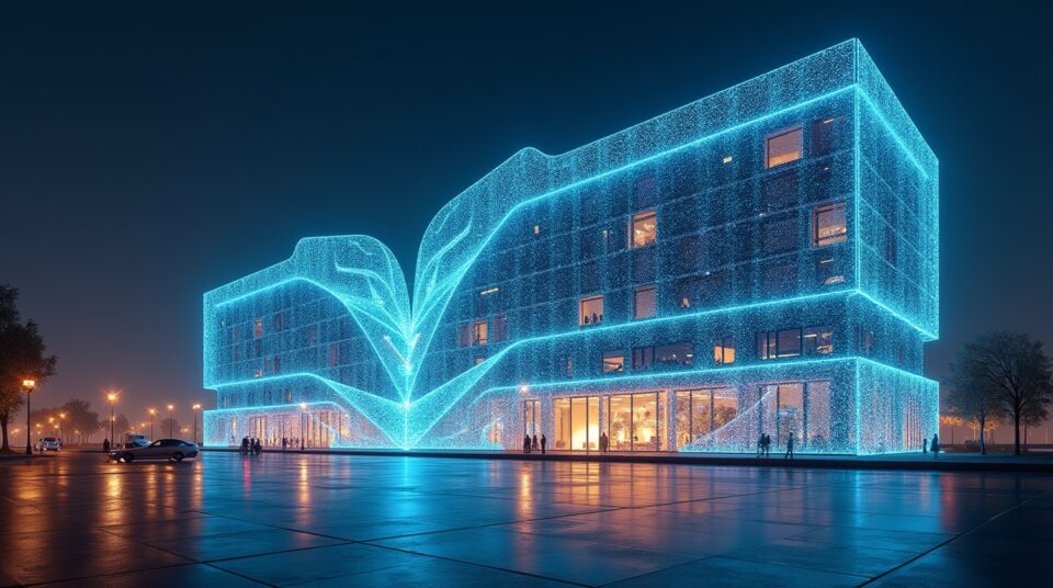 Façade futuriste représentant une interface Genially interactive avec des informations et des données numériques