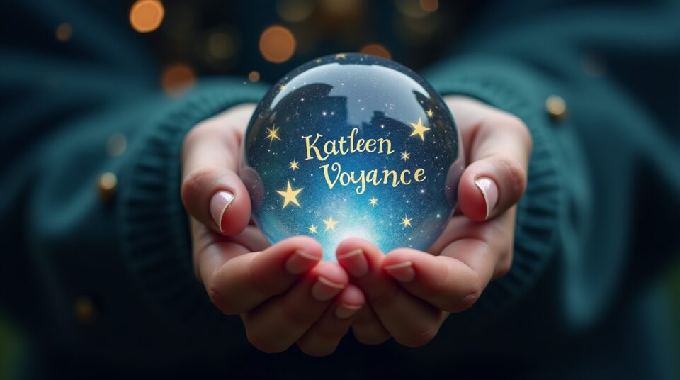 Main féminine avec boule de cristal reflectant 'Katleen Voyance', symboles mystiques et étoiles autour