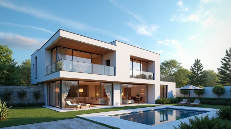 Maison contemporaine conçue avec Kozikaza, illustrant une façade lumineuse, un intérieur spacieux et un jardin aménagé.