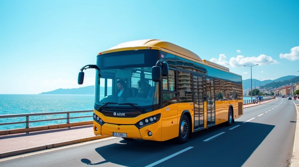 Bus de la ligne d'Azur sur la Promenade des Anglais à Nice, avec la Méditerranée en arrière-plan