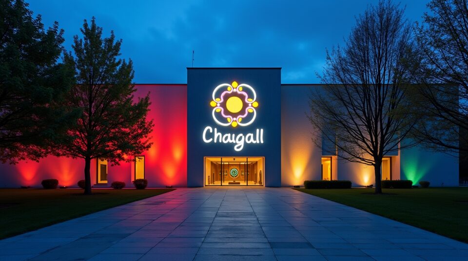 Façade du Musée Chagall illuminée au crépuscule, logo visible, chemin bordé d'arbres en premier plan