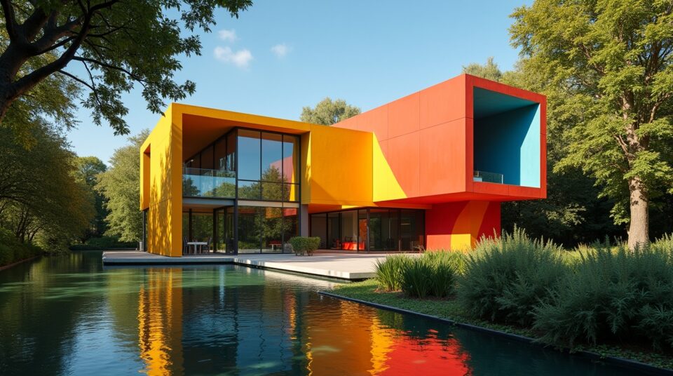 Façade colorée du musée Fernand Léger sous le soleil, reflétant le jardin environnant.