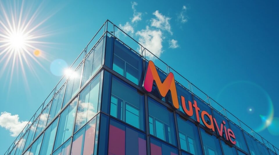 Façade en verre reflétant logo Mutavie, ciel bleu, témoignant de la transparence et solidité de la marque.