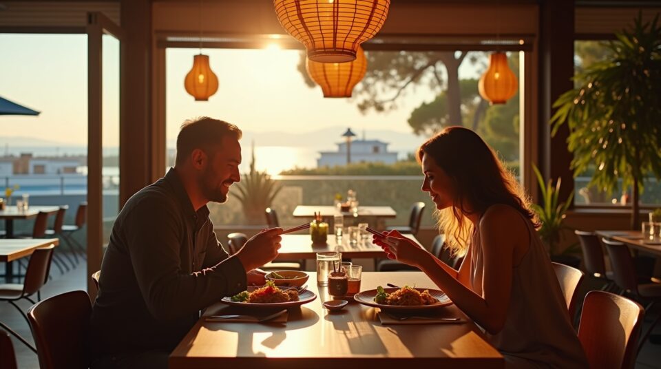 Couple savourant un repas asiatique dans un restaurant à Nice moderne et chaleureux.