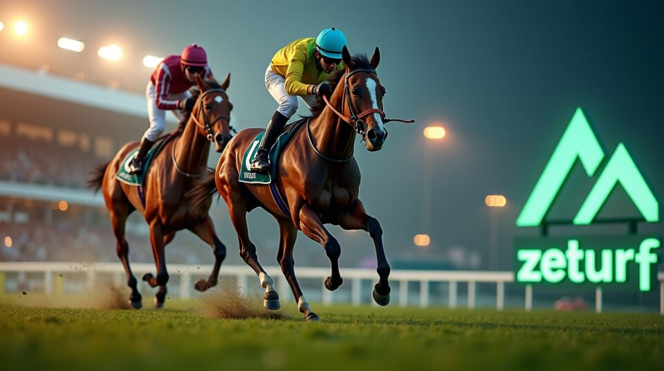 Cheval en course effrénée, logo Zeturf en arrière-plan