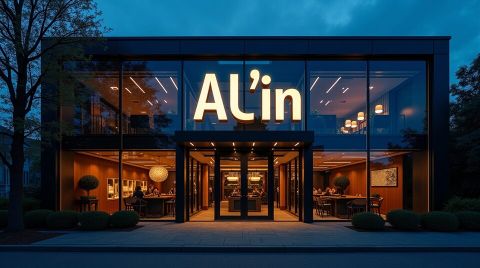 Facade d'un bâtiment avec inscription AL'in, éclairée la nuit