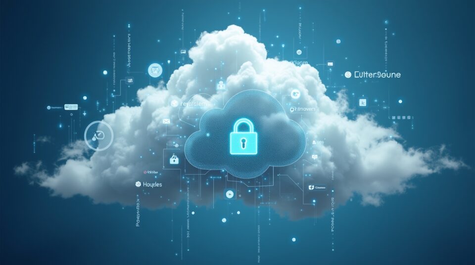 Flux de données des services cloud vers un bouclier, symbolisant la cybersécurité et la digitalisation en entreprise