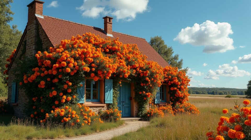 Bignone en floraison luxuriante sur façade rustique