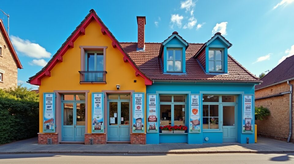 Façade colorée à Balbigny, affiches d'événements locaux, illustrant la vie locale animée