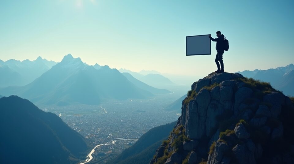 Entrepreneur fixant panneau Tendances B2B sur montagne, ville d'affaires moderne symbolisant stratégies et innovations en arrière-plan.